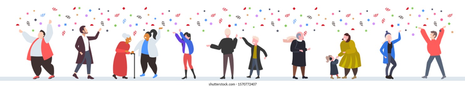people celebrating merry christmas happy new year winter holidays concept men women standing together having confetti party horizontal full length vector illustration