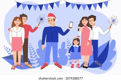 gente celebrando feliz Navidad y feliz noche de año nuevo, aisladas escenas gráficas de ilustraciones vectoriales de dibujos animados