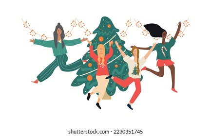 People celebrating merry Christmas and happy new year night, isolated cartoon vector illustration graphic. 