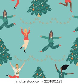 People celebrating merry Christmas and happy new year night seamless pattern, isolated cartoon vector illustration graphic.
