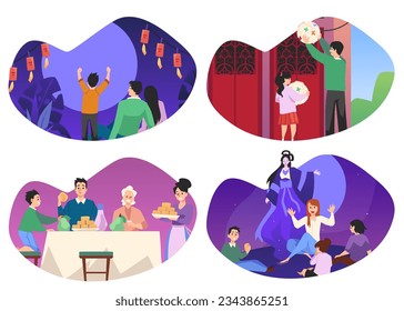 People celebrating Mid-Autumn Festival in China, set of scenes, flat vector illustration isolated on white background. Family eating mooncake together, lighting paper lanterns, telling Chang legend.