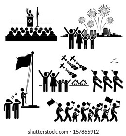 People Celebrating National Day Independence Patriotic Holiday Stick Figure Pictogram Icon