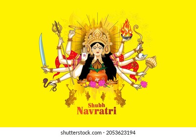 People celebrating Navratri festival and kalash worship with goddess Durga puja background