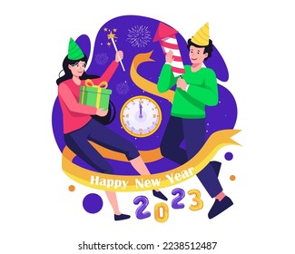 People celebrating the new year 2023. Couple on levitating playing with firecrackers and fireworks. Vector illustration in flat style