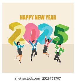 People are celebrating the New Year 2025. Colorful font on a bright background. Happy New Year 2025 concept. Flat vector illustration.