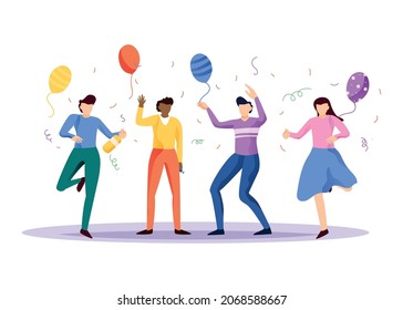 Menschen feiern neues Jahr Bash Vektorgrafik. Design auf Neujahr oder Geburtstag Party mit männlichen und weiblichen im Freien mit Baloon und Konfetti Party.