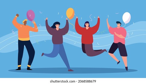 Gente celebrando la ilustración vectorial bash de año nuevo. Diseño de Año Nuevo o Fiesta de Cumpleaños con personajes de ambos sexos divirtiéndose y dándose un brindis.