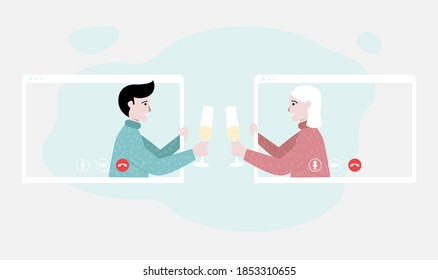 People celebrating the New Year or Christmas online. Virtual meeting with friends. New reality, stay home. Flat vector illustration. Eps 10