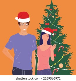 People celebrating New Year and Christmas. Gifts and decorations, Christmas tree and festive mood.