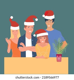 People celebrating New Year and Christmas. Gifts and decorations, Christmas tree and festive mood.