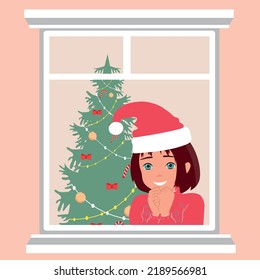 People celebrating New Year and Christmas. Gifts and decorations, Christmas tree and festive mood.