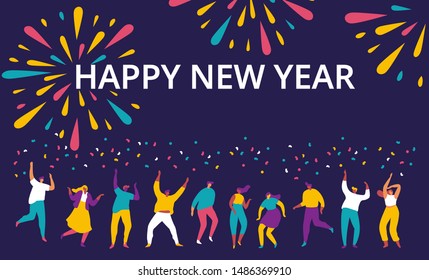 People celebrating new year, dancing  and watching firework explosions in the sky at night. Flat vector illustration.