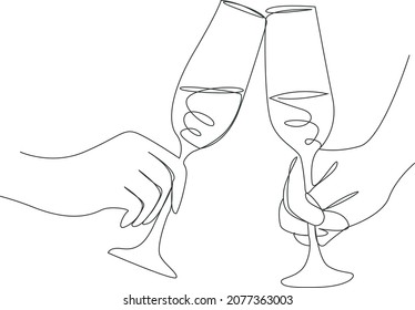 People celebrating New Year and drinking fizz. Vector lineart, line line illustration isolated on a white background.