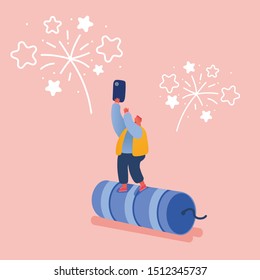 People celebrating New Year or Happy Birthday Party. Men and Women Characters launching and watching explosion of firework rockets, celebrating holidays. Vector concept illustration
