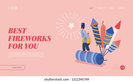 People celebrating New Year or Happy Birthday Party for web design, banner, mobile app, landing page. Man Character watching explosion of firework rockets, celebrating. Vector illustration
