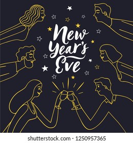 People celebrating New Year and kissing. Romantic event. Including calligraphic title. Hand drawn vector illustration for your design.