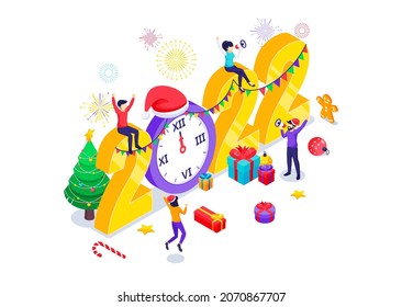 People celebrating New year near decorated big 2022 number with gift boxes and fireworks. Merry Christmas and Happy New year design concept. Isometric Vector Illustration