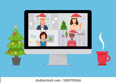 People celebrating New Year' on computer video conferencing call. New normal and covid-19 concept. Flat design vector illustration