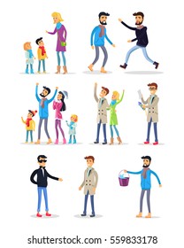 People celebrating New Year on white. Vector illustration of woman teaching children, fighting men, people looking at sky, person reading instruction, man carrying bucket with water in cartoon style