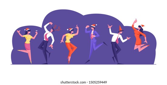People Celebrating New Year Party with Champagne Glasses and Confetti. Happy Business Colleagues Managers Team in Santa Hats Celebrate Christmas Holiday in Office. Cartoon Flat Vector Illustration