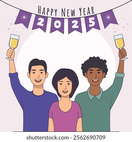 People Celebrating New Year Together with Champagne Glass Cartoon Vector Illustration.