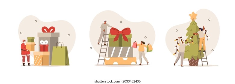 People celebrating New Year. Woman, man and Santa Claus characters decorating Christmas tree, packing gifts boxes and preparing to holidays. Isolated cartoon vector illustration and icons set.
