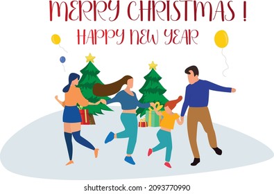 People celebrating New Year's. Vector with merry christmas lettering and christmas tree
