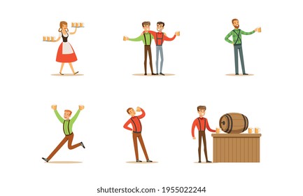 Personas celebrando el festival Oktoberfest y bebiendo cerveza Set, hombres y mujeres usando ropa tradicional bávara e ilustración vectorial de dibujos animados