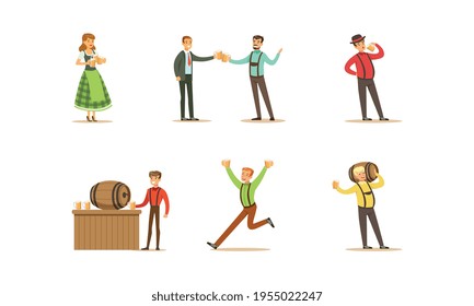 People Celebrating Oktoberfest Set, Men and Women Wearing Traditional Bavarian Clothes with Beer Mugs Cartoon Vector Illustration