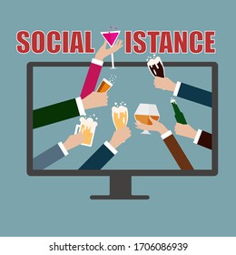 People Celebrating Online Party After Working,work From Home Or Social Distance In Covid-19 Concept
