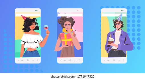people celebrating online party friends having virtual fun celebration concept smartphone screen mobile app horizontal portrait vector illustration