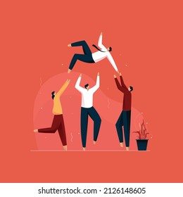 People Celebrating Party or Business Success Achievement by Tossing Up Man in Air