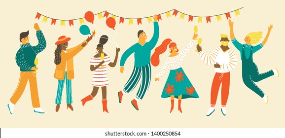 People celebrating party concept. Funny cartoon characters having fun with cocktails and confetti. Happy men and women congratulates with birthday, holiday, anniversary, festival with text area.