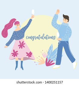 People celebrating party concept. Funny cartoon characters having fun with cocktails and confetti. Happy men and women congratulate with birthday, holiday, anniversary, festival with text area