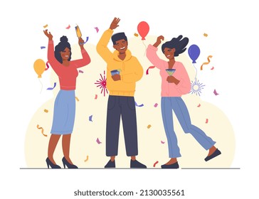 People celebrating party concept. Men and women have fun, dance and drink cocktails. Corporate party in honor of New Year or colleague birthday. Balloons and confetti. Cartoon flat vector illustration