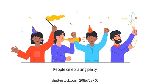 People celebrating party concept. Young men and women with flags, firecrackers, confetti and hats smiling and having fun. Friends or employees happy about holiday. Cartoon flat vector illustration