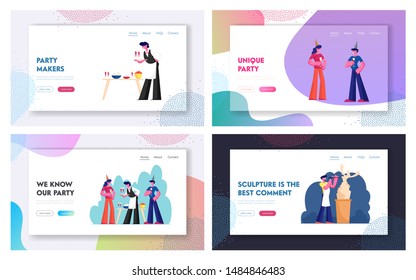 People Celebrating Party, Sculptor Craft Hobby and Creative Profession Website Landing Page Set. Characters Celebrating Holiday, Artist Making Statue Web Page Banner. Cartoon Flat Vector Illustration