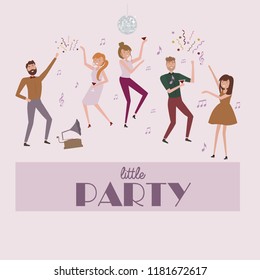 People celebrating poster. Laughing and dancing young people at party. Funny cartoon style icons collection with men and women. Editable vector illustration