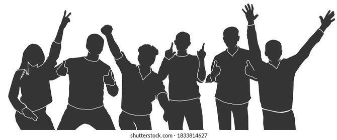 People Celebrating Success. Business Team Cheering, Waving, Hands Up In The Air. Students Celebration Happiness In Silhouette. Crowd Party Poses. Teamwork Collaboration Symbol.