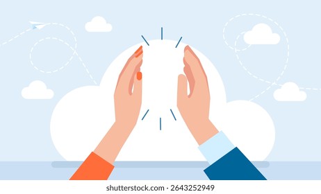 People are celebrating success. Man and woman partners greeting, hand clap gesture. High me five. Support coworker, assistance, partnership, man hand high five with woman hand. Vector illustration