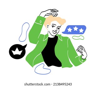 People celebrating success. Young guy rejoices at good reviews for his work. Clients gave feedback. Lucky character, Reward and achievement. Good self esteem. Cartoon flat vector illustration