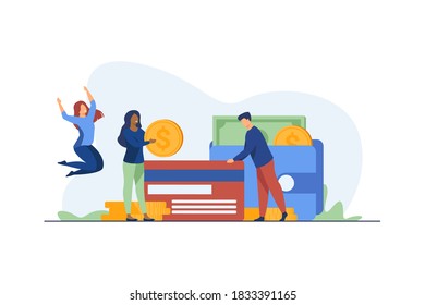 People celebrating successful investment and getting profit. Money, finance, benefit. Vector illustration. Investment concept can be used for presentations, banner, website design, landing web page