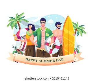 People celebrating Summer Day at the beach. Flat vector illustration