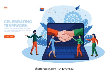 people celebrating teamwork and processes with joining hands in computer concept vector illustration