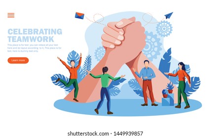 people celebrating teamwork and togetherness with discussion in front of big joining hands concept vector illustration
