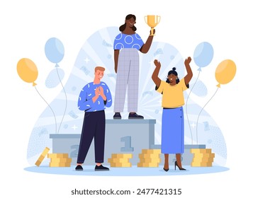 People celebrating victory. Man and women at podium and pedestal with golden cups and trophies. Success and achievement in business. Cartoon flat vector illustration isolated on white background