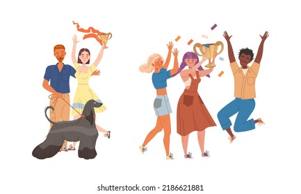 People celebrating victory set. Happy people with golden goblets won at dog show and contest vector illustration