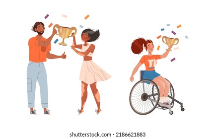 People celebrating victory set. Happy people with golden goblets winning at competition or contest vector illustration