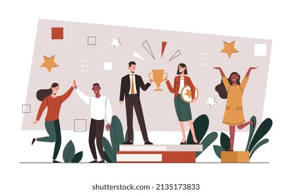 People celebrating victory. Successful employees, man and woman hold trophy, award for winners. Poster or banner for website, friendly team finished project. Cartoon flat vector illustration