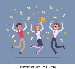 People celebrating victory. Young team of winners under confetti shower, proud of their work, awarded a big prize after office competition. Vector flat style cartoon business concept illustration